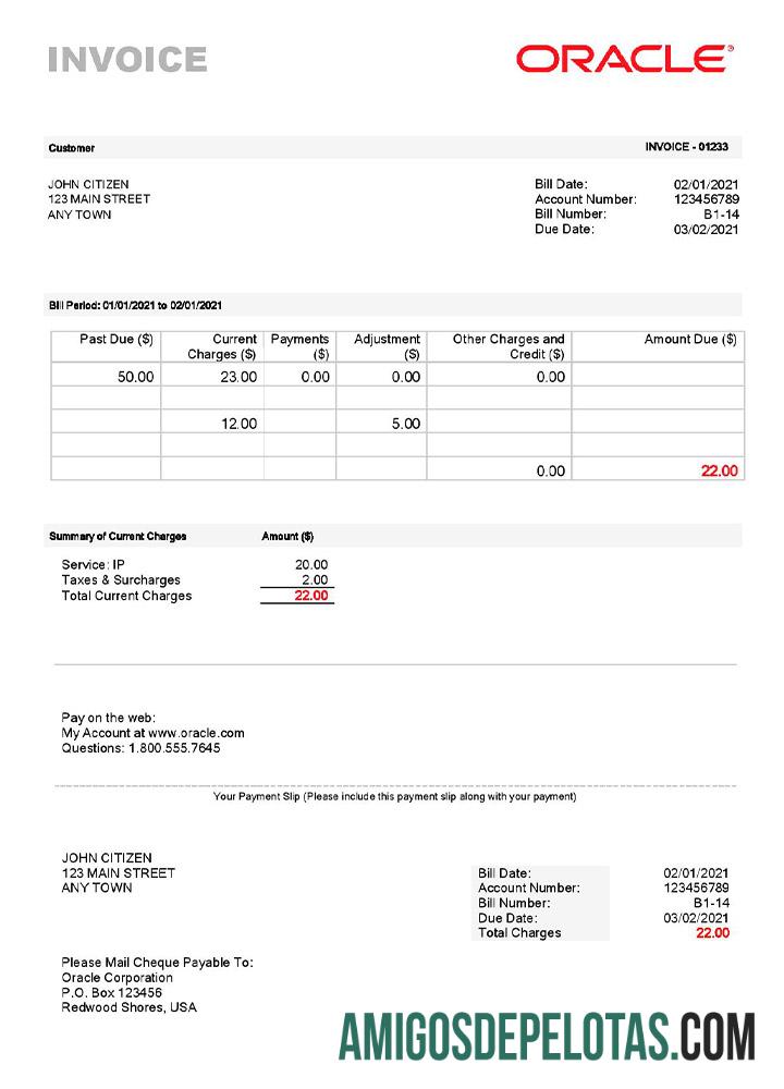 Fatura Oracle dos EUA exemplo